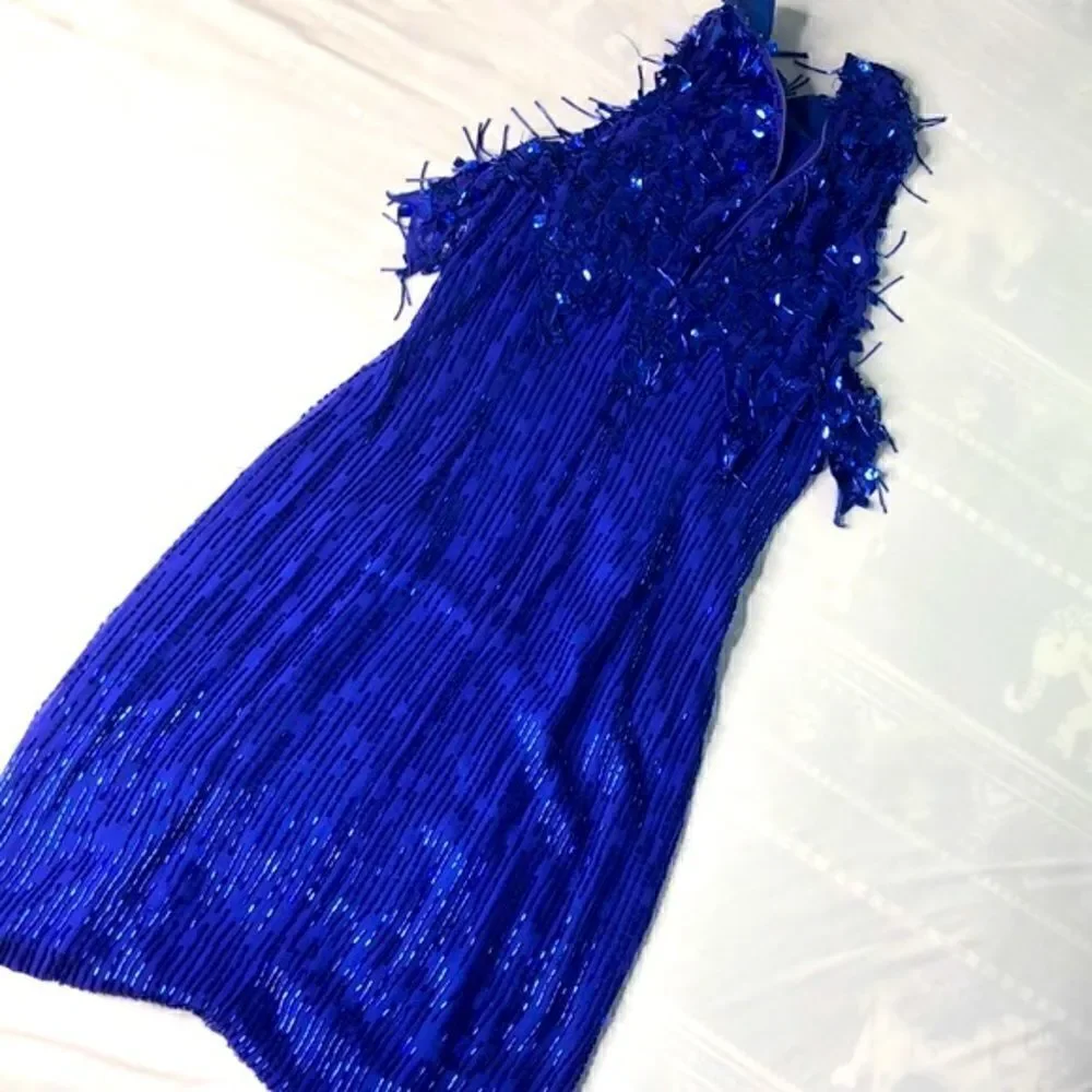 NiteLine by Della Roufogali Blue Silk Beaded Evening Gown Vintage Formal Dress 6